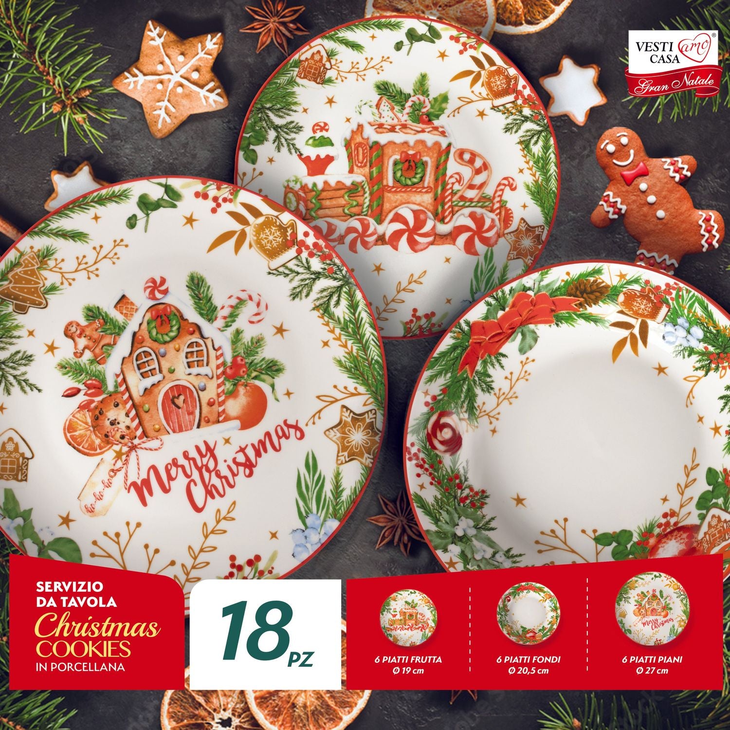 VESTIAMO CASA GRAN NATALE - Servizio di piatti Christmas Cookies Linea Pan di Zenzero in porcellana 18 pezzi